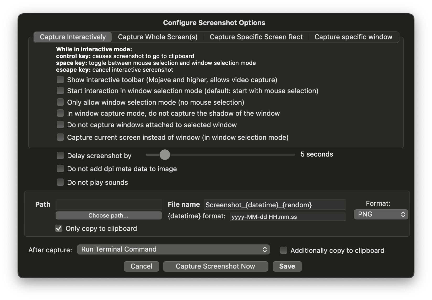 BTT capture screenshot action settings